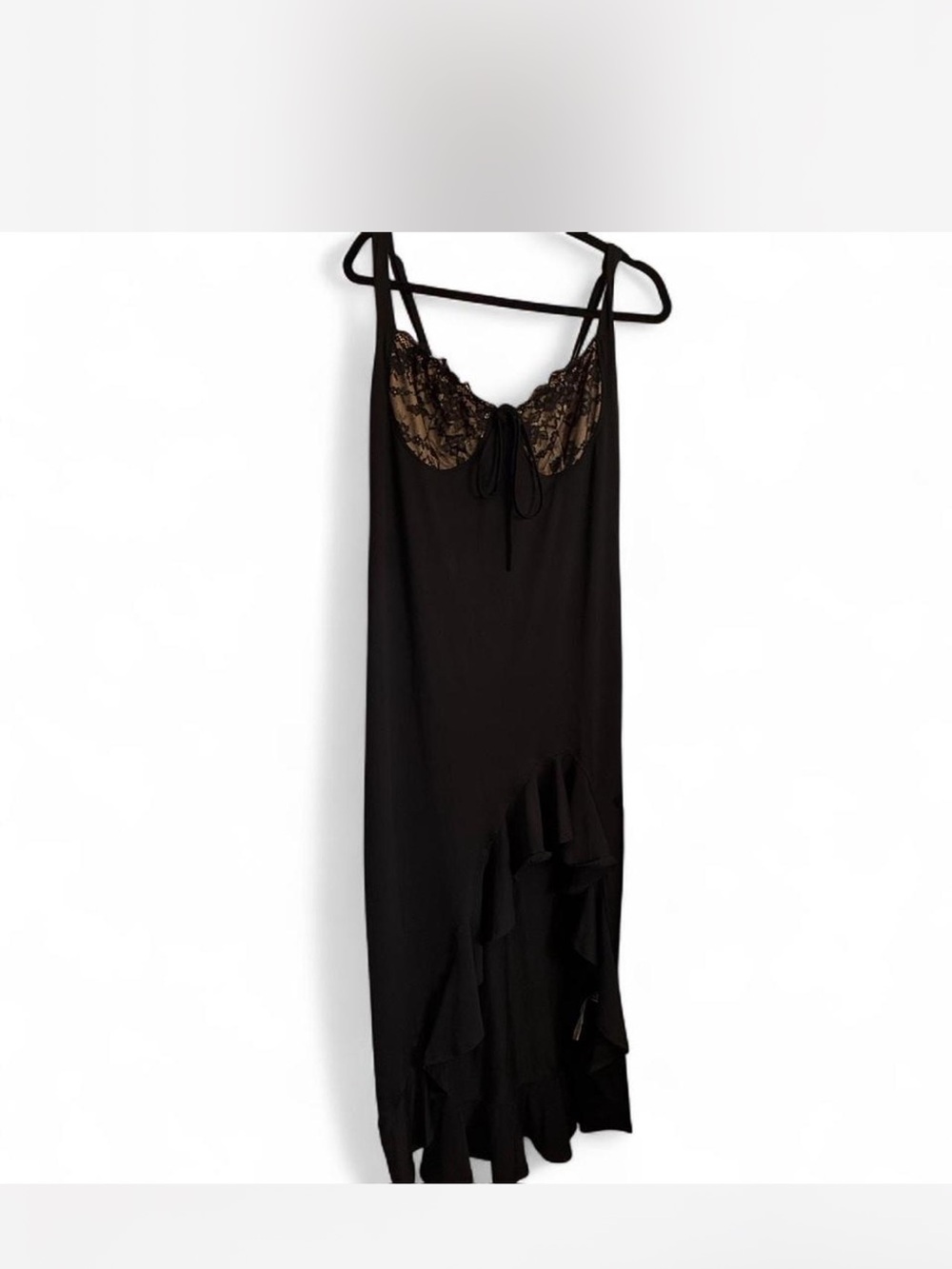 SHEIN Black Lace-Trim Ruffle Slip Dress